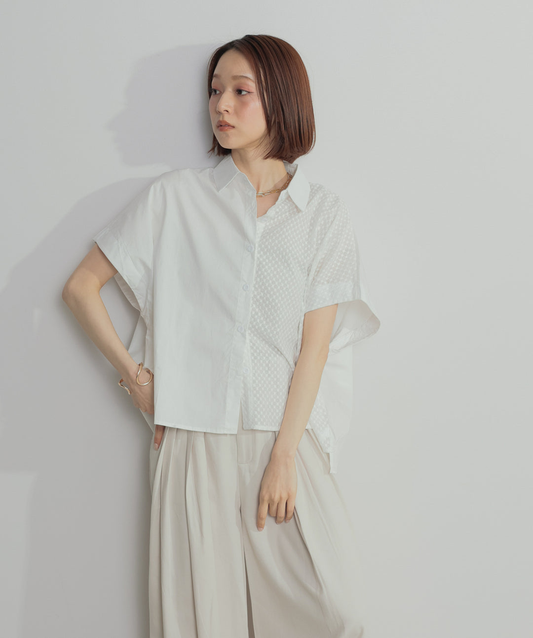 【SET】アシンメトリーデザインシャツブラウス+タックワイドパンツ(2set)