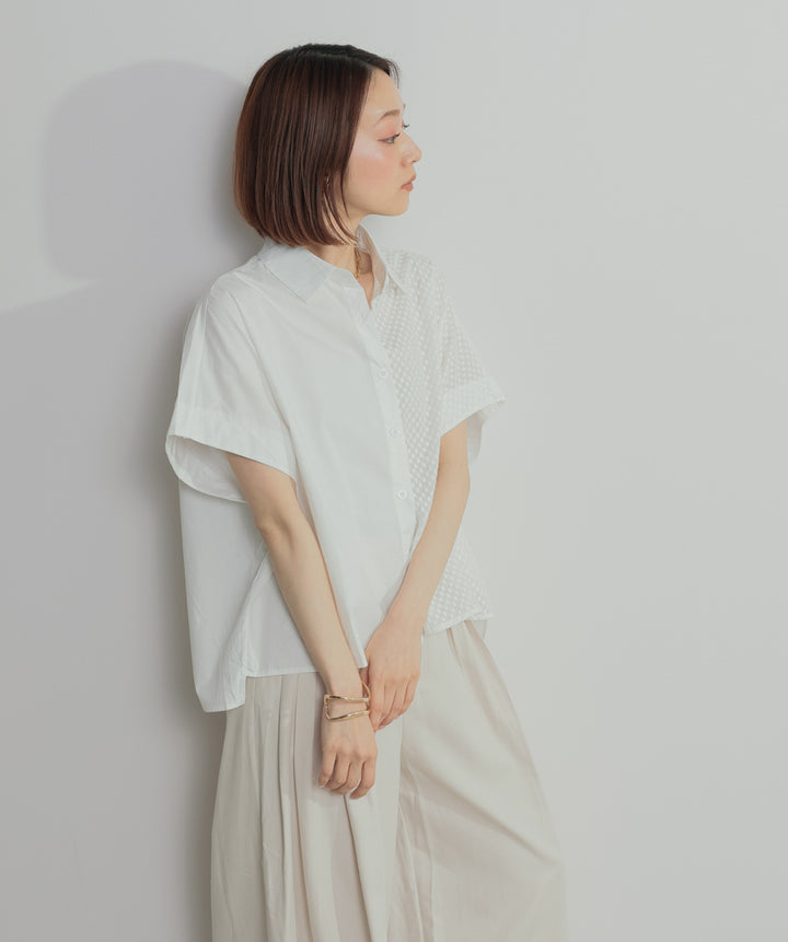 【SET】アシンメトリーデザインシャツブラウス+タックワイドパンツ(2set)