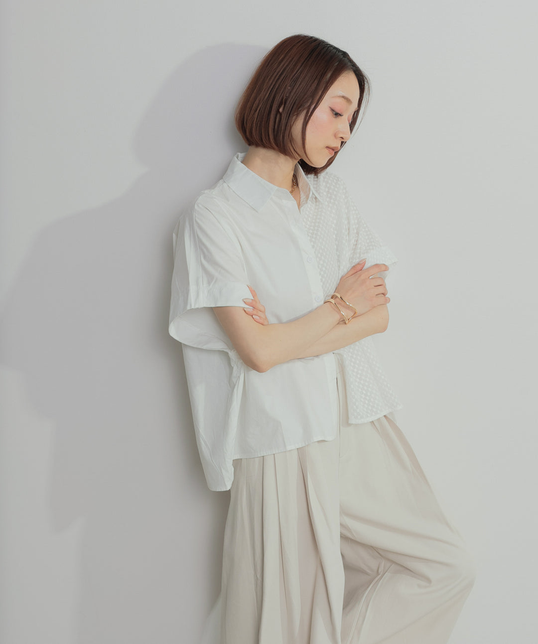 【SET】アシンメトリーデザインシャツブラウス+タックワイドパンツ(2set)