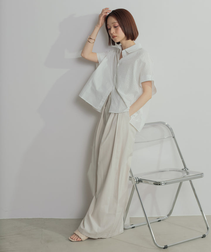 【SET】アシンメトリーデザインシャツブラウス+タックワイドパンツ(2set)