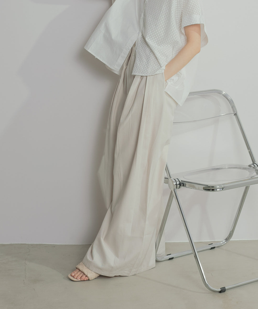 【SET】アシンメトリーデザインシャツブラウス+タックワイドパンツ(2set)