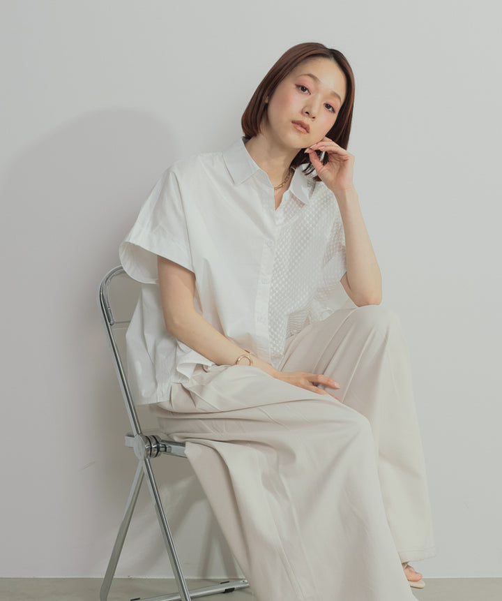【SET】アシンメトリーデザインシャツブラウス+タックワイドパンツ(2set)