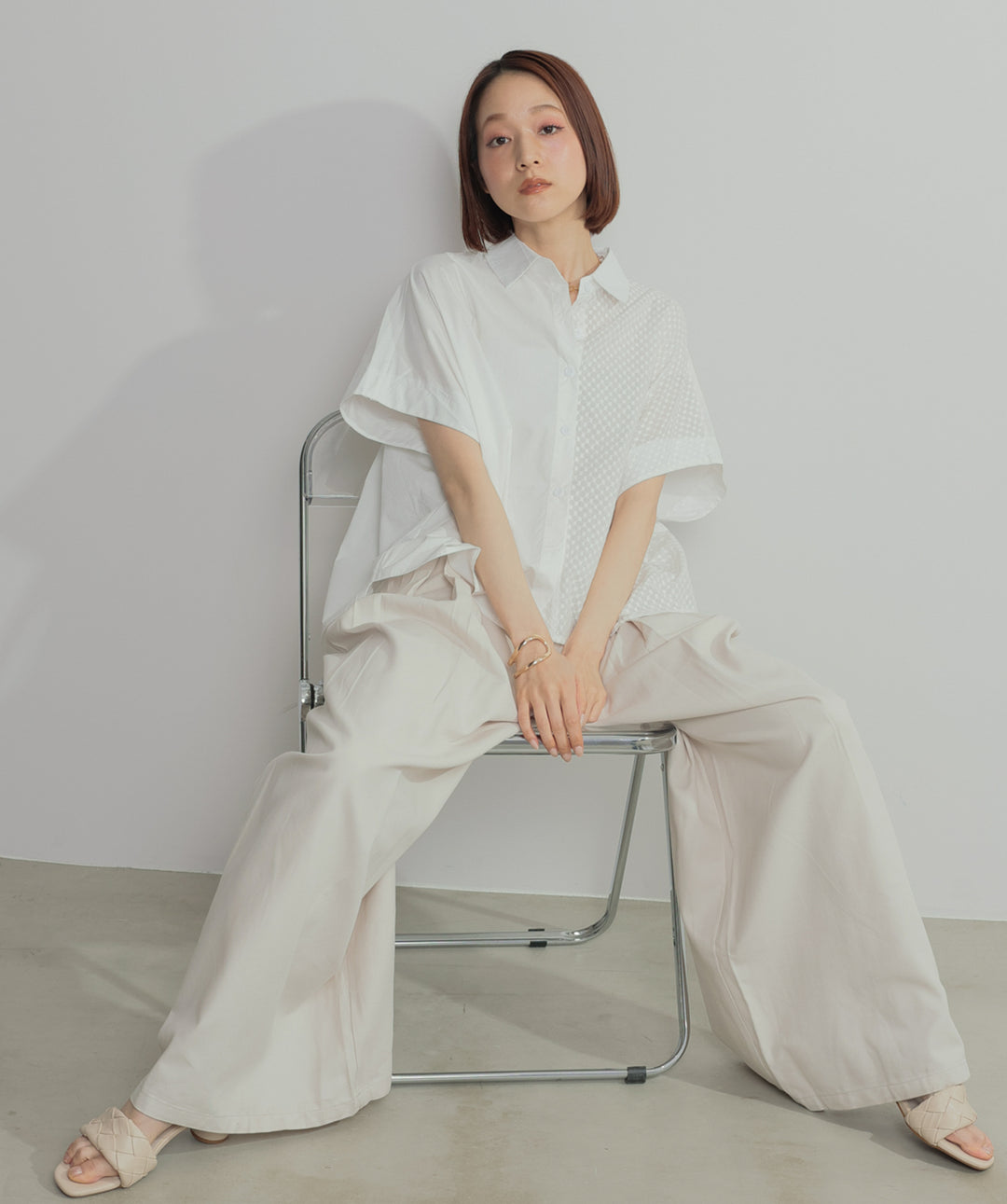 【SET】アシンメトリーデザインシャツブラウス+タックワイドパンツ(2set)