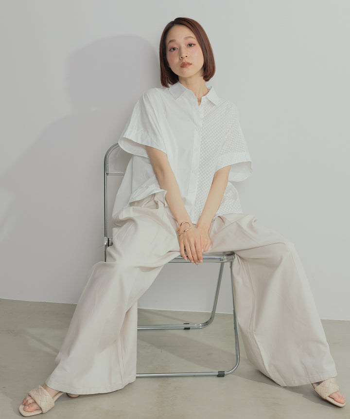 【SET】アシンメトリーデザインシャツブラウス+タックワイドパンツ(2set)