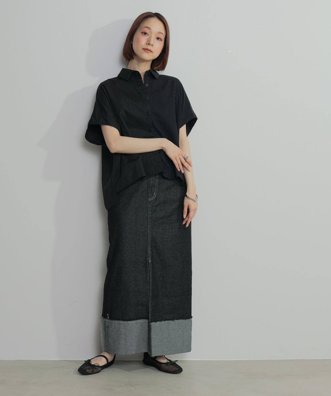 【SET】アシンメトリーデザインシャツブラウス+ロールアップデザインデニムスカート(2set)