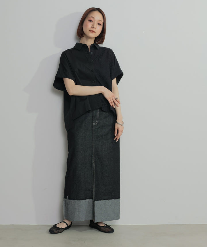 【SET】アシンメトリーデザインシャツブラウス+ロールアップデザインデニムスカート(2set)