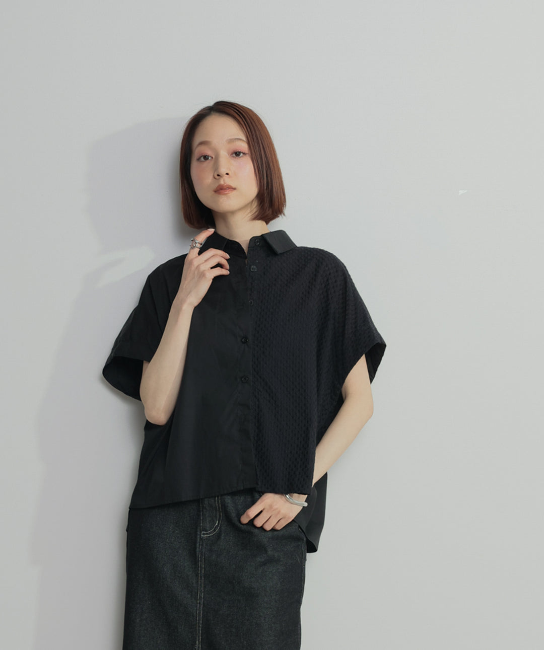 【SET】アシンメトリーデザインシャツブラウス+ロールアップデザインデニムスカート(2set)