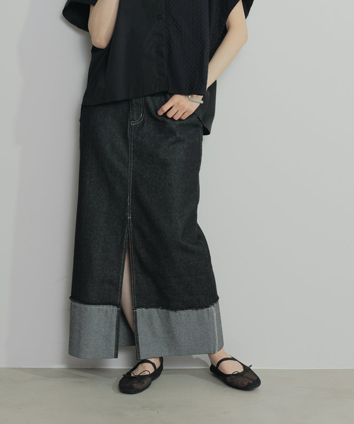 【SET】アシンメトリーデザインシャツブラウス+ロールアップデザインデニムスカート(2set)