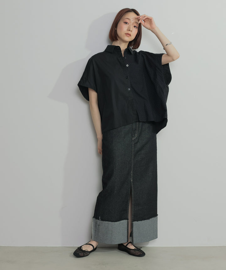 【SET】アシンメトリーデザインシャツブラウス+ロールアップデザインデニムスカート(2set)