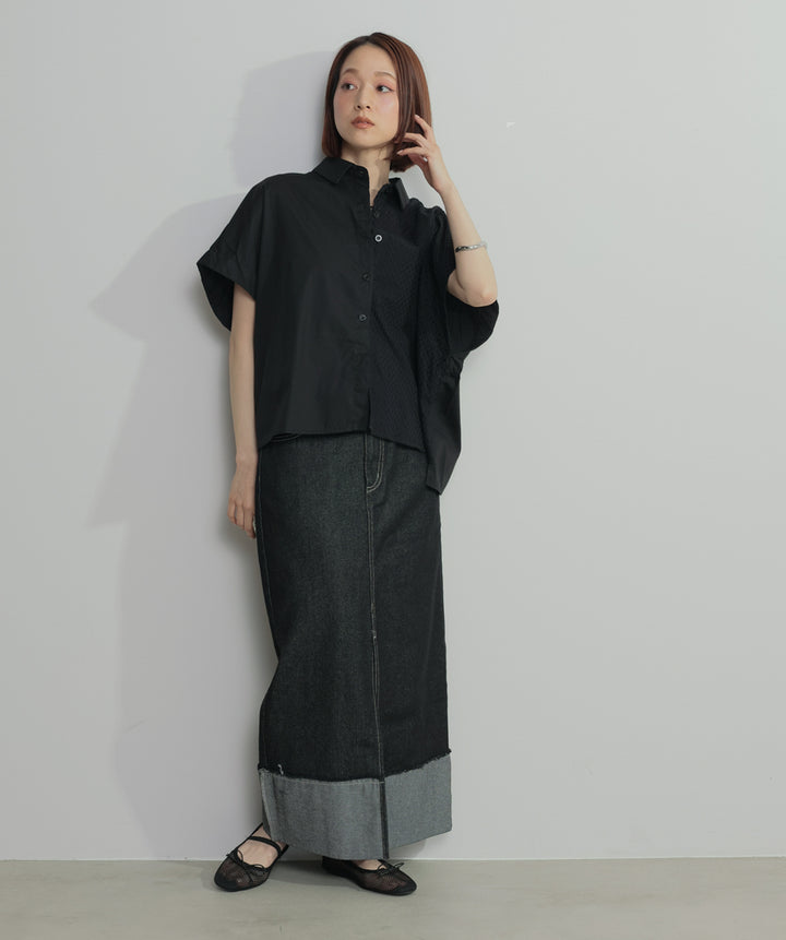 【SET】アシンメトリーデザインシャツブラウス+ロールアップデザインデニムスカート(2set)