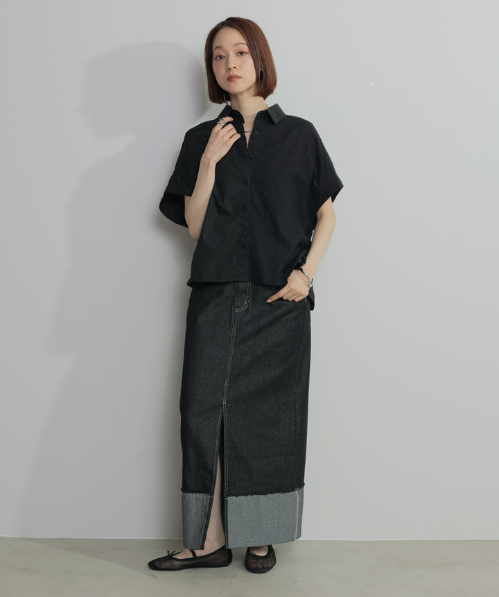 【SET】アシンメトリーデザインシャツブラウス+ロールアップデザインデニムスカート(2set)
