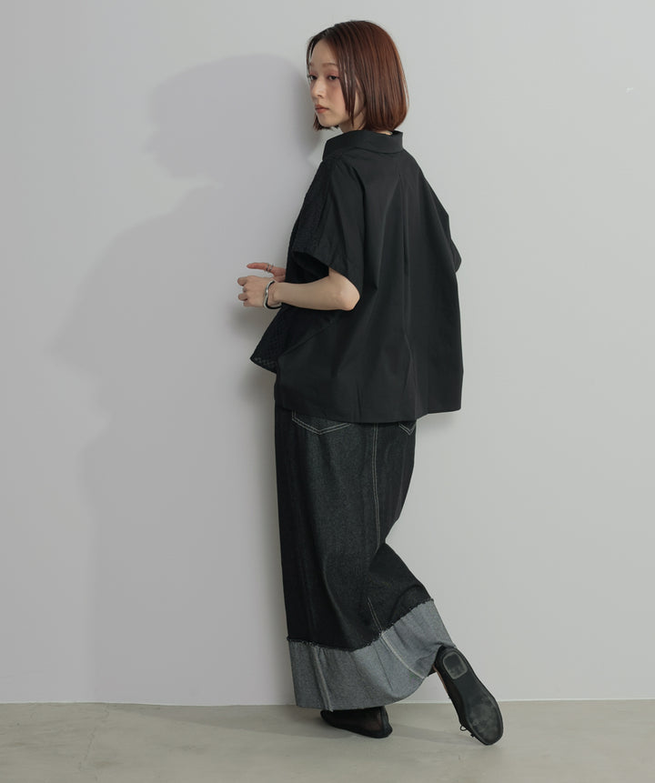 【SET】アシンメトリーデザインシャツブラウス+ロールアップデザインデニムスカート(2set)