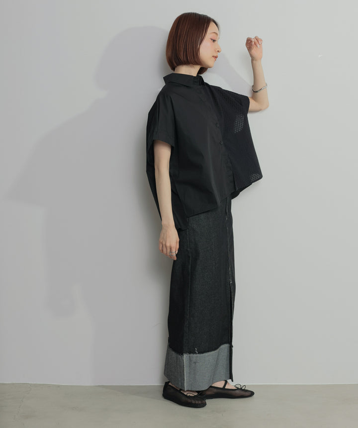 【SET】アシンメトリーデザインシャツブラウス+ロールアップデザインデニムスカート(2set)