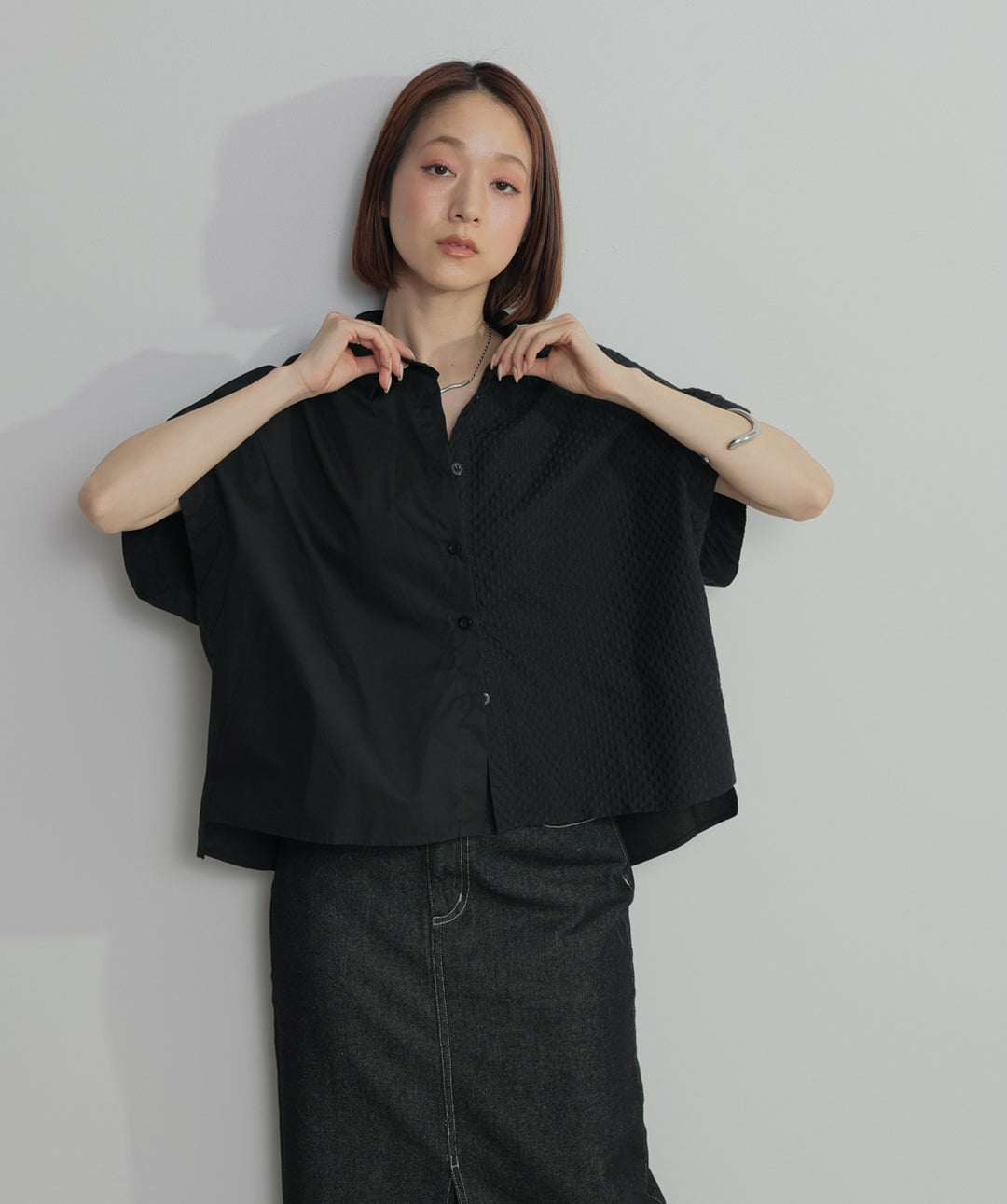 【SET】アシンメトリーデザインシャツブラウス+ロールアップデザインデニムスカート(2set)