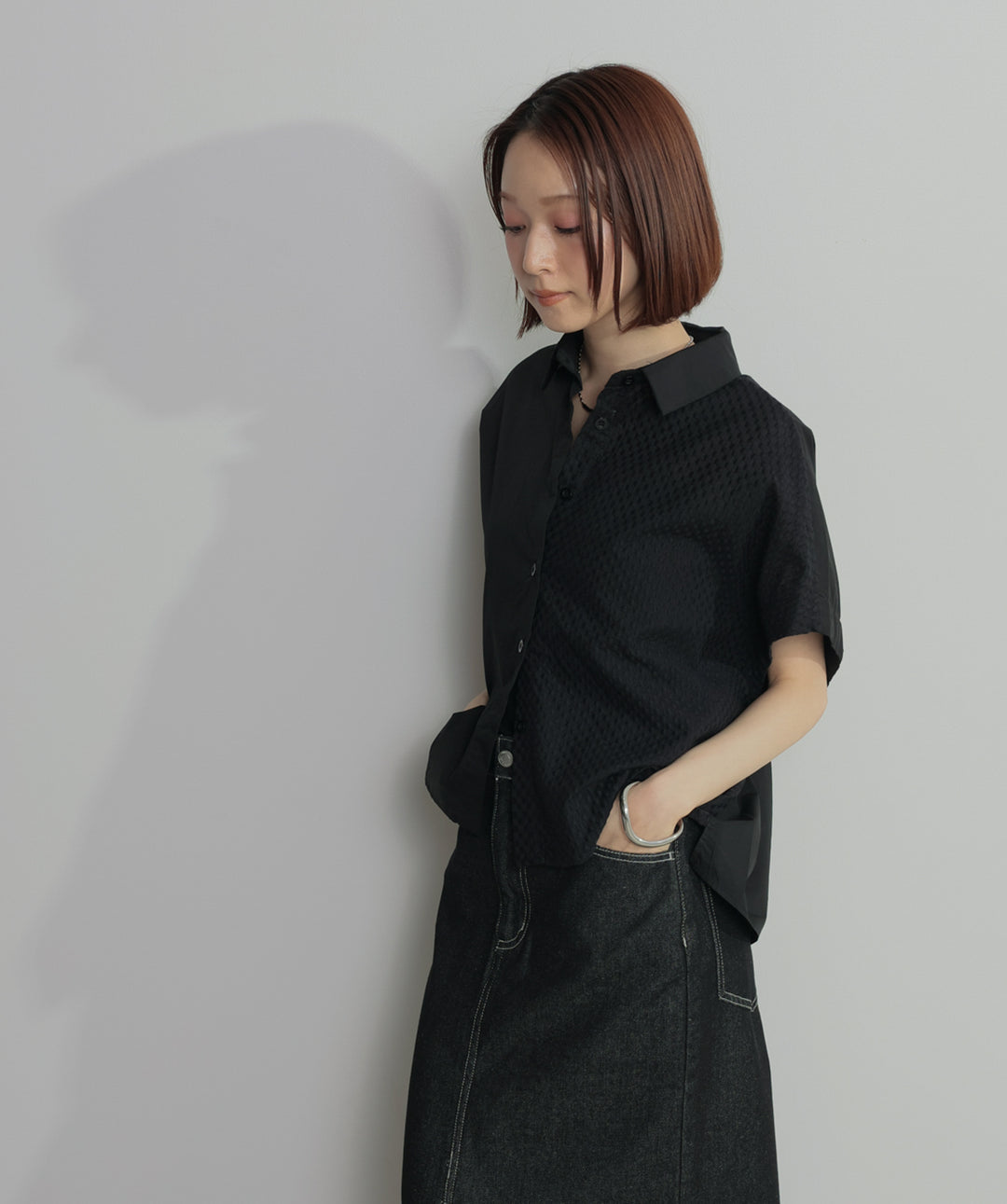 【SET】アシンメトリーデザインシャツブラウス+ロールアップデザインデニムスカート(2set)