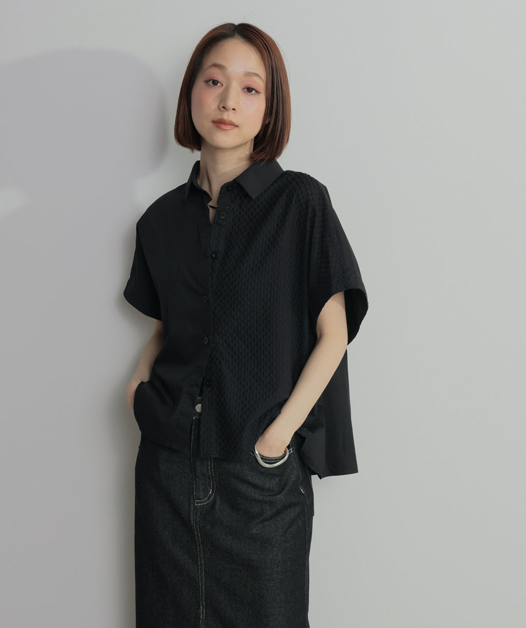 【SET】アシンメトリーデザインシャツブラウス+ロールアップデザインデニムスカート(2set)