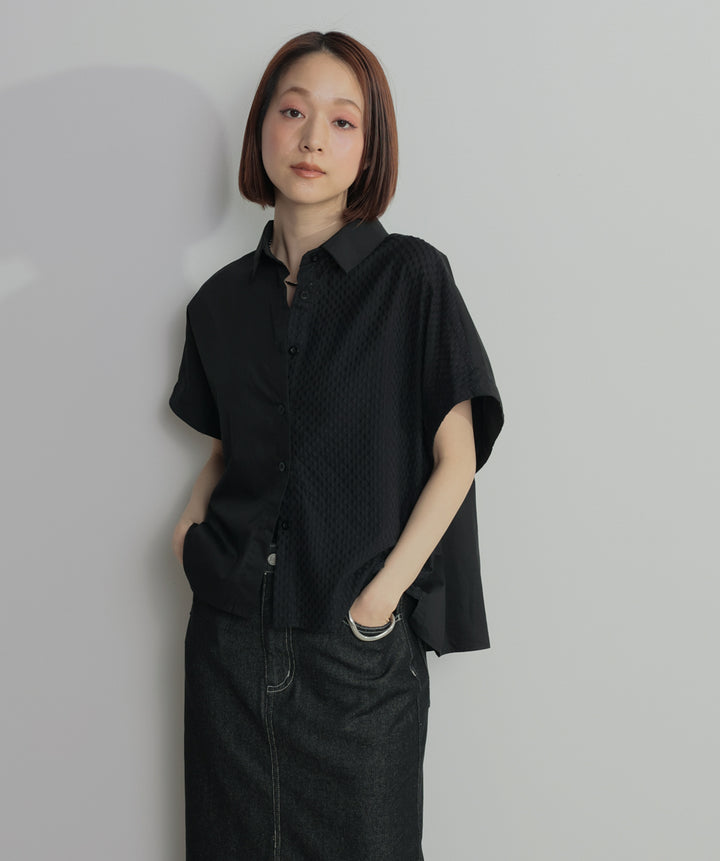 【SET】アシンメトリーデザインシャツブラウス+ロールアップデザインデニムスカート(2set)
