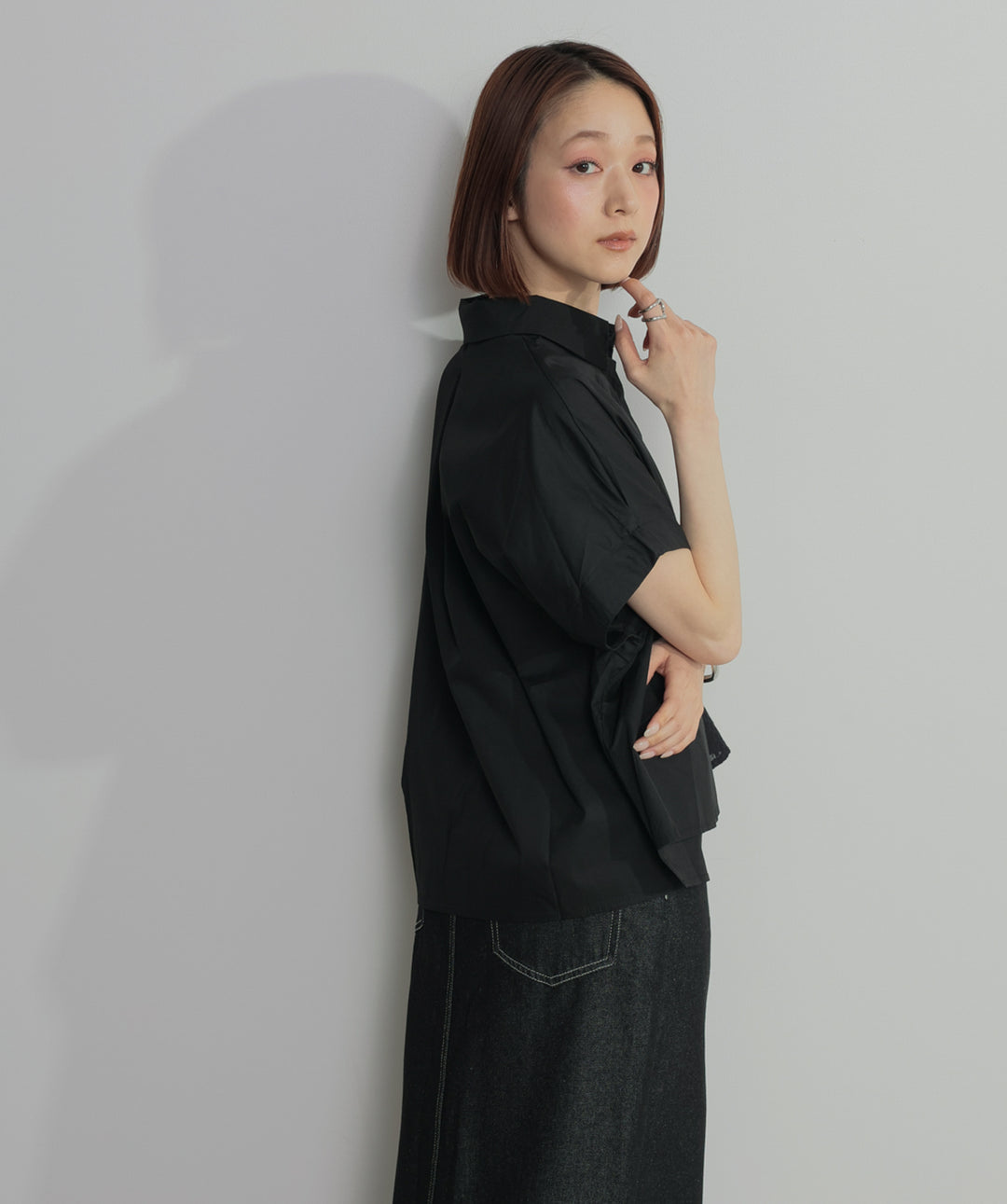 【SET】アシンメトリーデザインシャツブラウス+ロールアップデザインデニムスカート(2set)