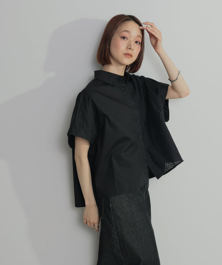 【SET】アシンメトリーデザインシャツブラウス+ロールアップデザインデニムスカート(2set)