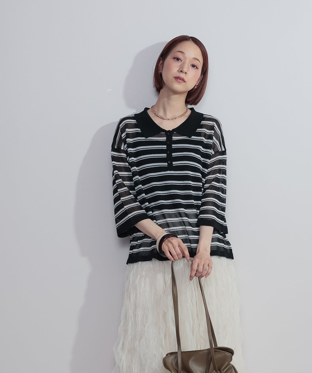 【SET】ボーダーポロニット+ワッシャーレーススカート(2set)