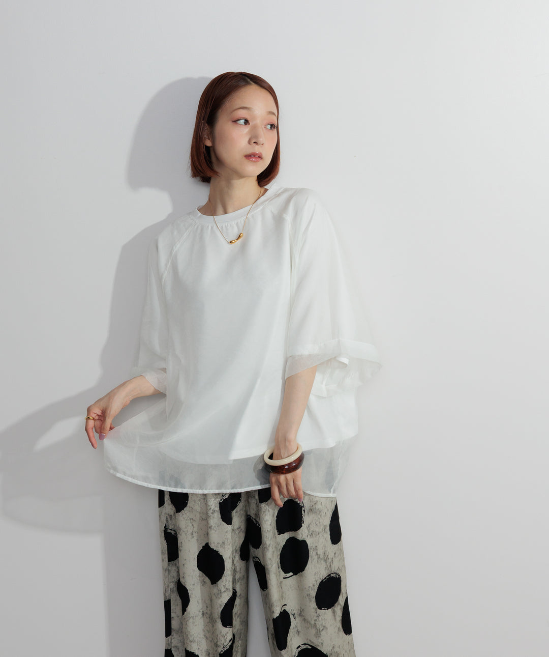【SET】オーガンジーレイヤードTシャツ+アートプリントワイドパンツ(2set)