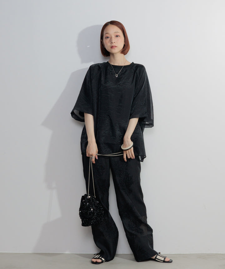 【SET】オーガンジーレイヤードTシャツ+フラワー刺繍シアーパンツ(2set)