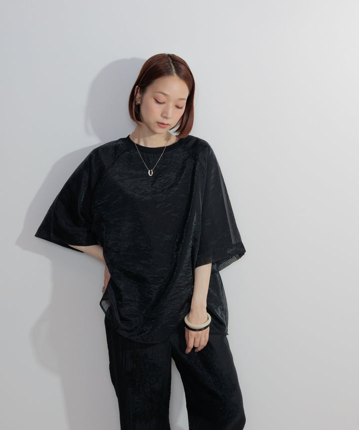 【SET】オーガンジーレイヤードTシャツ+フラワー刺繍シアーパンツ(2set)