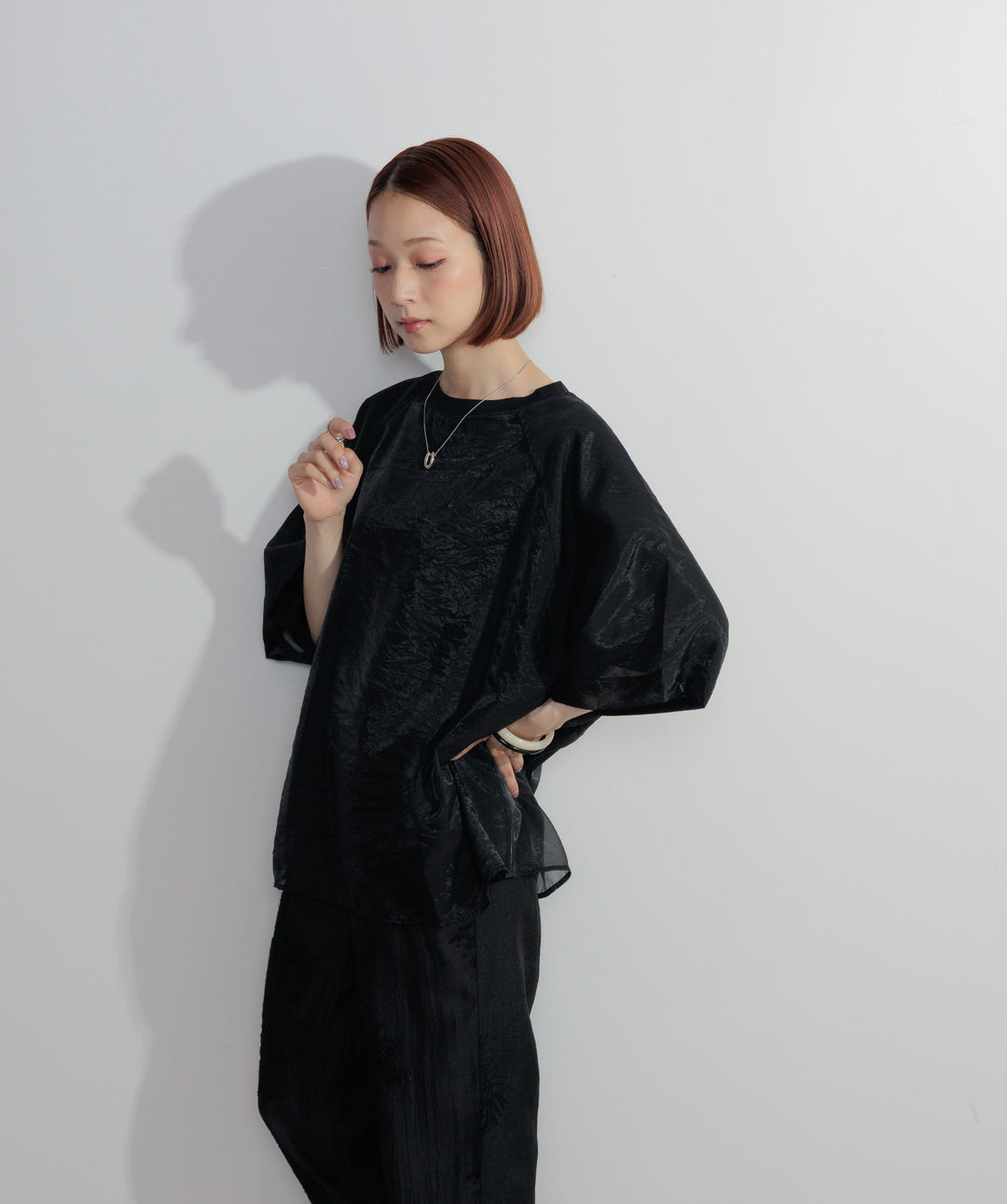 【SET】オーガンジーレイヤードTシャツ+フラワー刺繍シアーパンツ(2set)