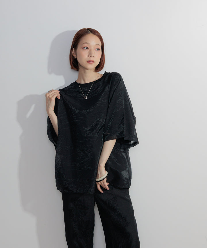 【SET】オーガンジーレイヤードTシャツ+フラワー刺繍シアーパンツ(2set)