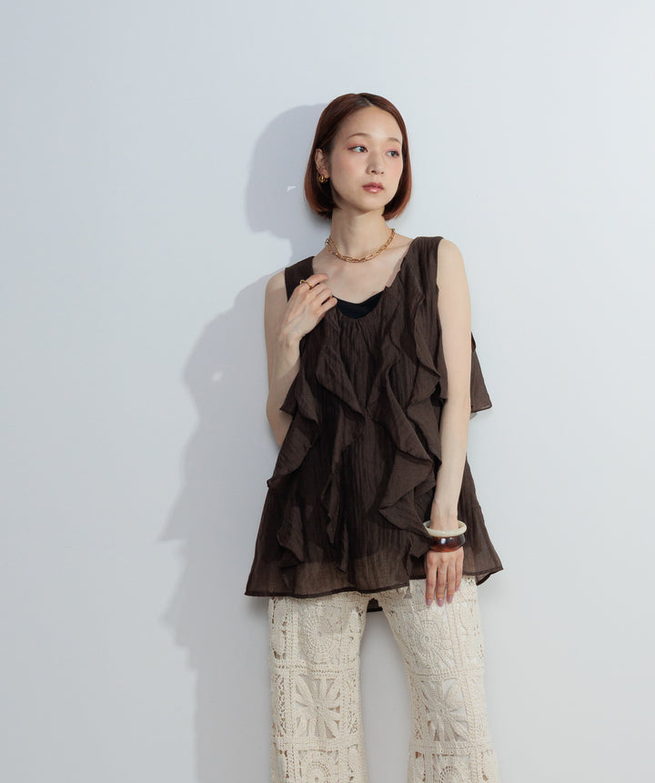 【SET】ラッフルオープンショルダーブラウス+ブロッククロシェニットパンツ(2set)
