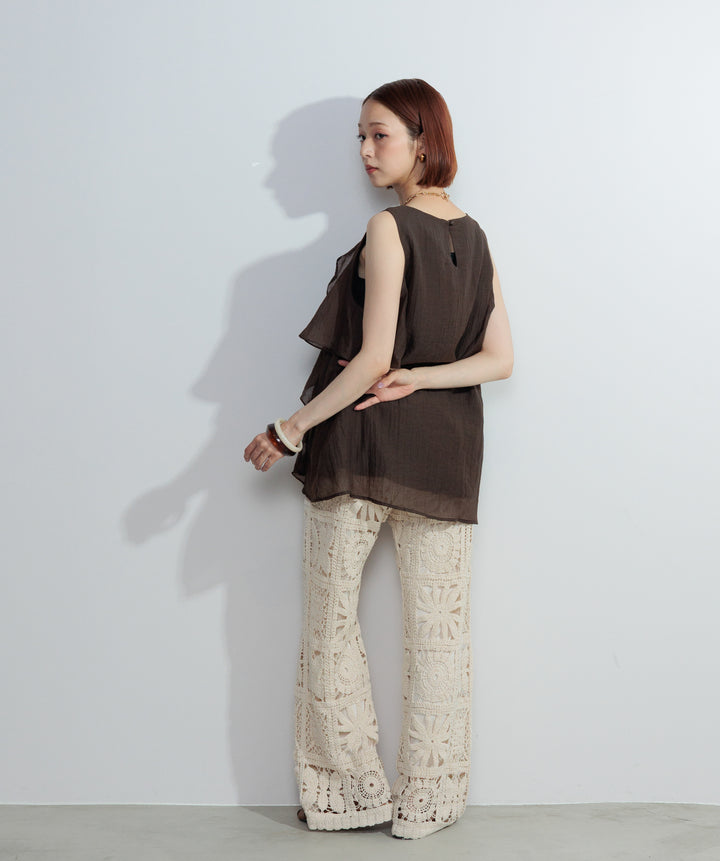 【SET】ラッフルオープンショルダーブラウス+ブロッククロシェニットパンツ(2set)