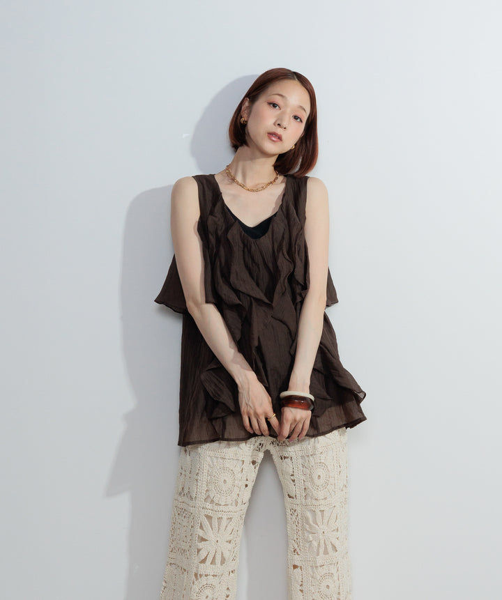 【SET】ラッフルオープンショルダーブラウス+ブロッククロシェニットパンツ(2set)