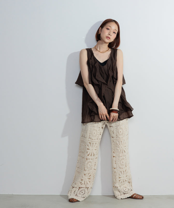 【SET】ラッフルオープンショルダーブラウス+ブロッククロシェニットパンツ(2set)