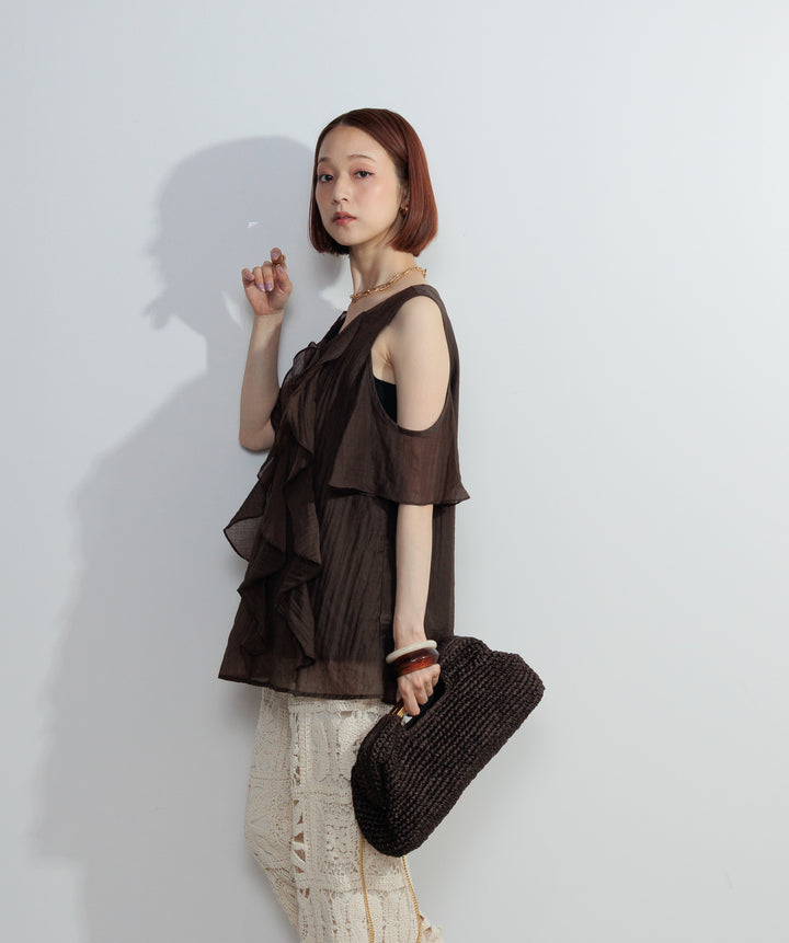 【SET】ラッフルオープンショルダーブラウス+ブロッククロシェニットパンツ(2set)