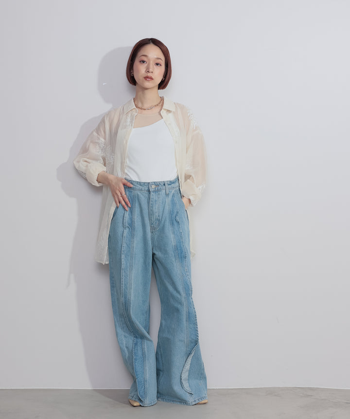 【SET】フラワー刺繍シアーシャツ+フリルウェーブデニムパンツ(2set)