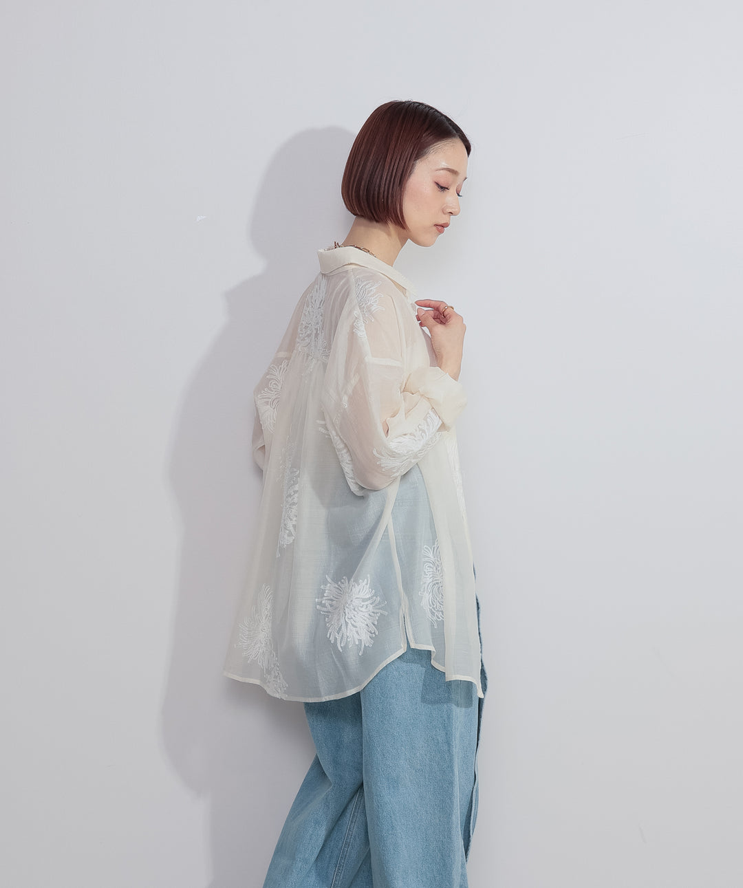 【SET】フラワー刺繍シアーシャツ+フリルウェーブデニムパンツ(2set)