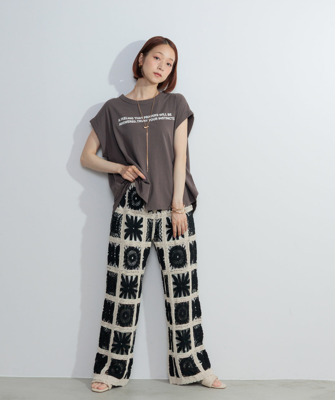 【再入荷】ブロッククロシェニットパンツ