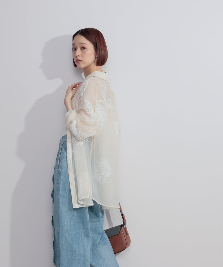 【SET】フラワー刺繍シアーシャツ+フリルウェーブデニムパンツ(2set)