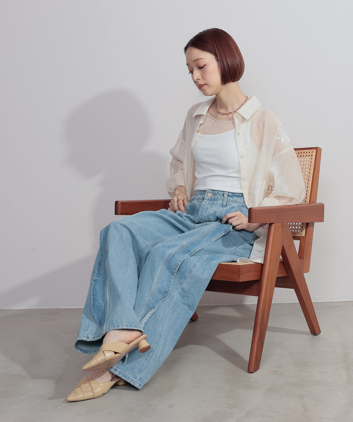 【SET】フラワー刺繍シアーシャツ+フリルウェーブデニムパンツ(2set)