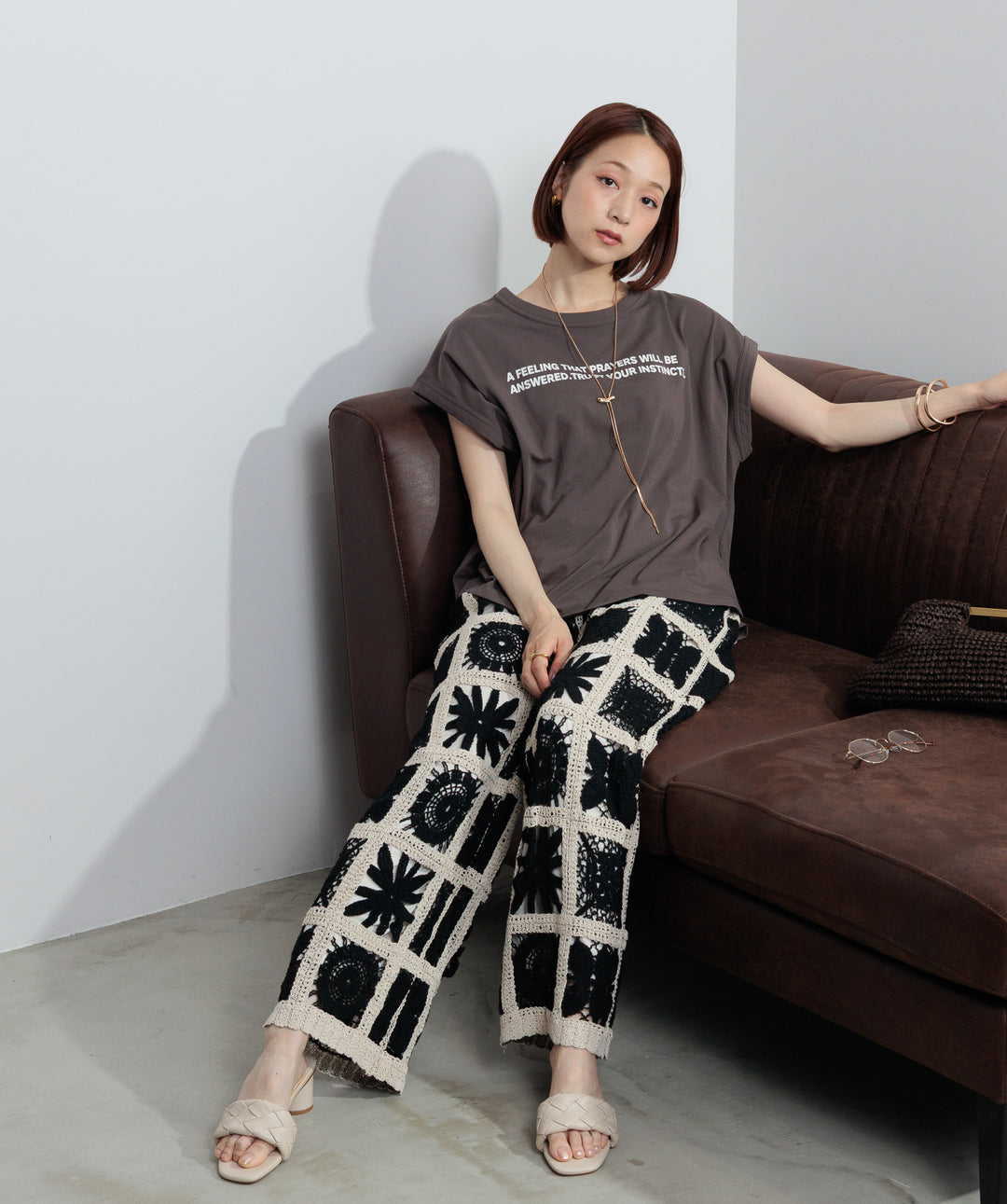 【再入荷】ブロッククロシェニットパンツ