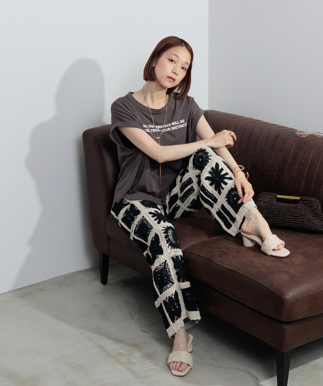 【再入荷】ブロッククロシェニットパンツ