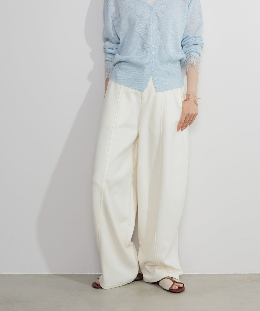 【SET】シアーレースニットカーディガン+ライトオンススウェットカーブパンツ(2set)