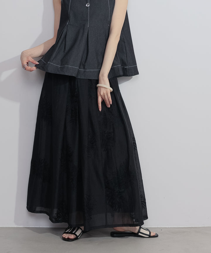 【SET】フロントタックフレアノースリーブトップス+フラワー刺繍シアースカート(2set)