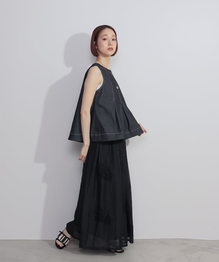 【SET】フロントタックフレアノースリーブトップス+フラワー刺繍シアースカート(2set)