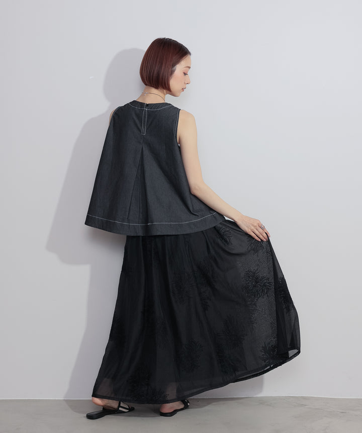 【SET】フロントタックフレアノースリーブトップス+フラワー刺繍シアースカート(2set)