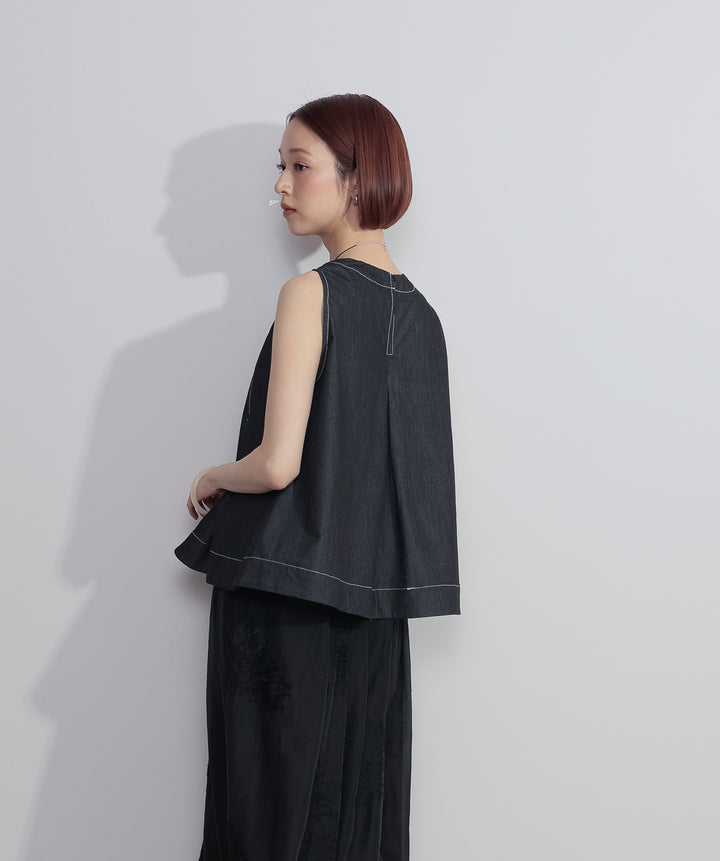 【SET】フロントタックフレアノースリーブトップス+フラワー刺繍シアースカート(2set)