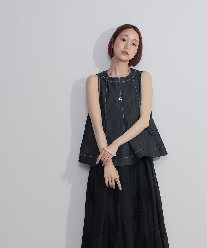 【SET】フロントタックフレアノースリーブトップス+フラワー刺繍シアースカート(2set)