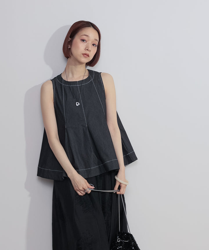 【SET】フロントタックフレアノースリーブトップス+フラワー刺繍シアースカート(2set)