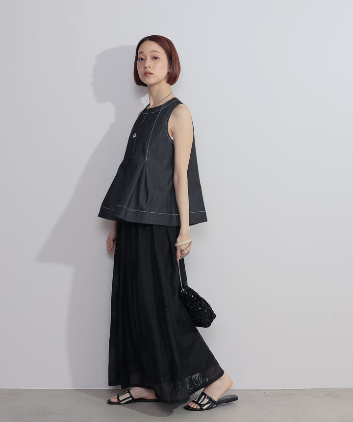【SET】フロントタックフレアノースリーブトップス+フラワー刺繍シアースカート(2set)