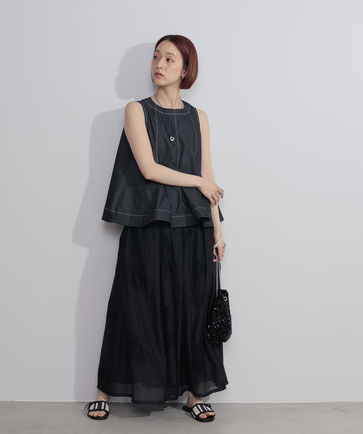 【SET】フロントタックフレアノースリーブトップス+フラワー刺繍シアースカート(2set)